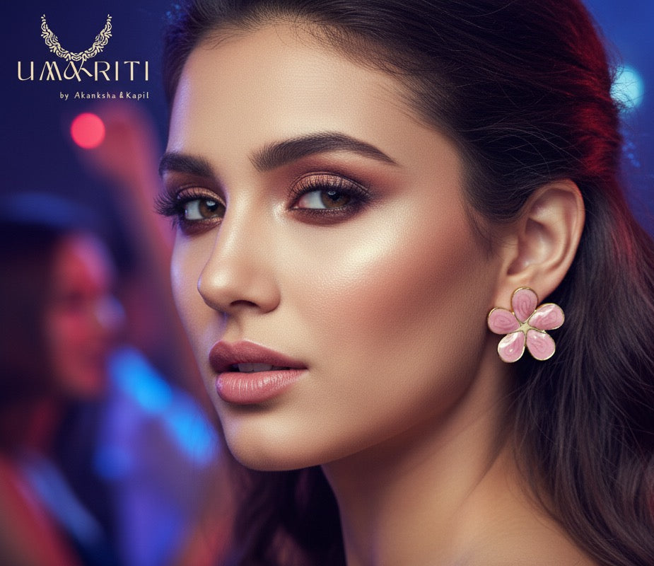 Pink Petal Enamel Flower Stud Earrings