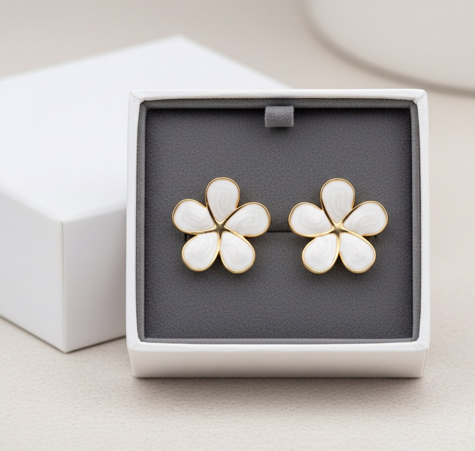 Pink Petal Enamel Flower Stud Earrings