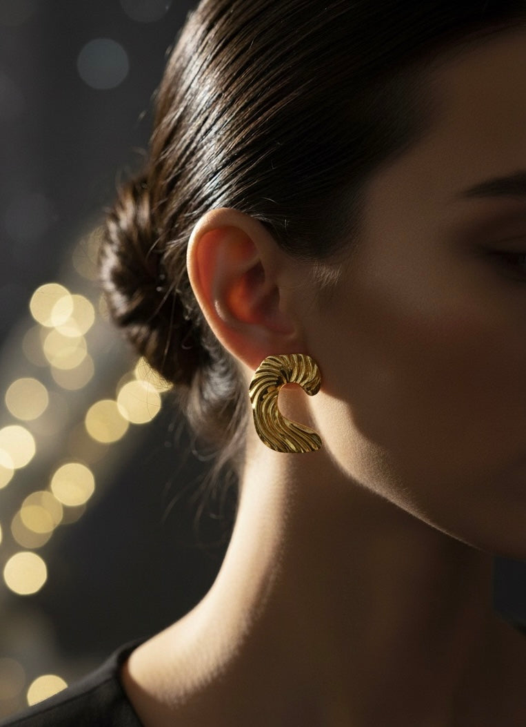 Golden Ripple Crescent Earrings
