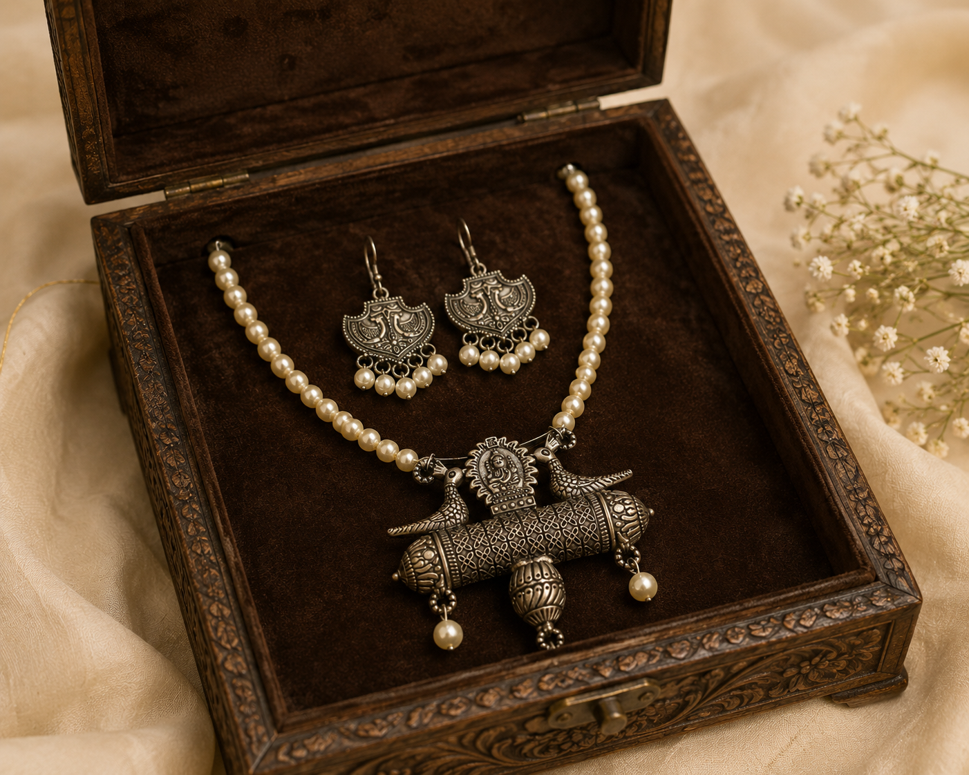 Vighnaharta Pearl Temple Necklace Set