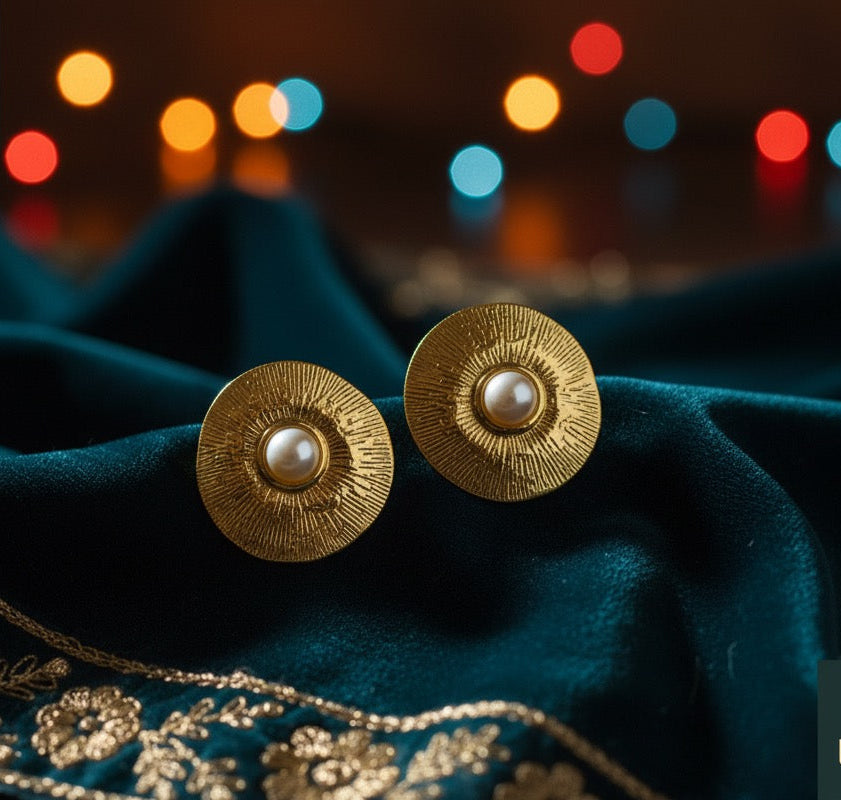 Textured Gold & Pearl Stud Earrings