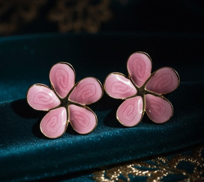 Pink Petal Enamel Flower Stud Earrings