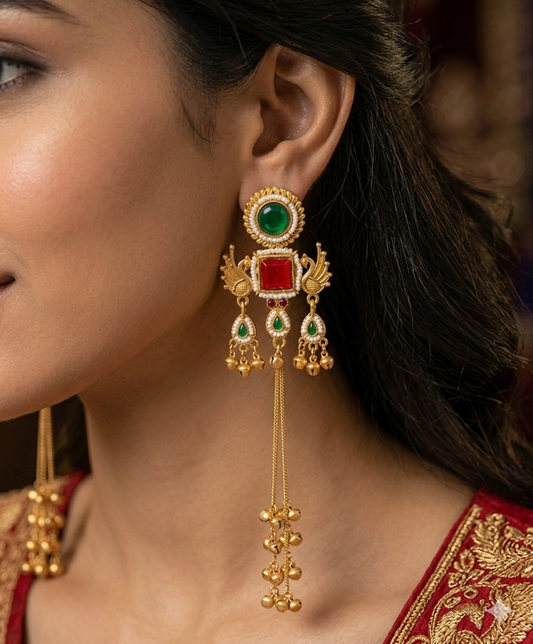 Kashmiri Mor Jhumki GreenRed Earrings