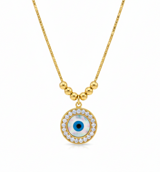 The Radiant Guardian: Mother-of-Pearl Evil Eye Pendant