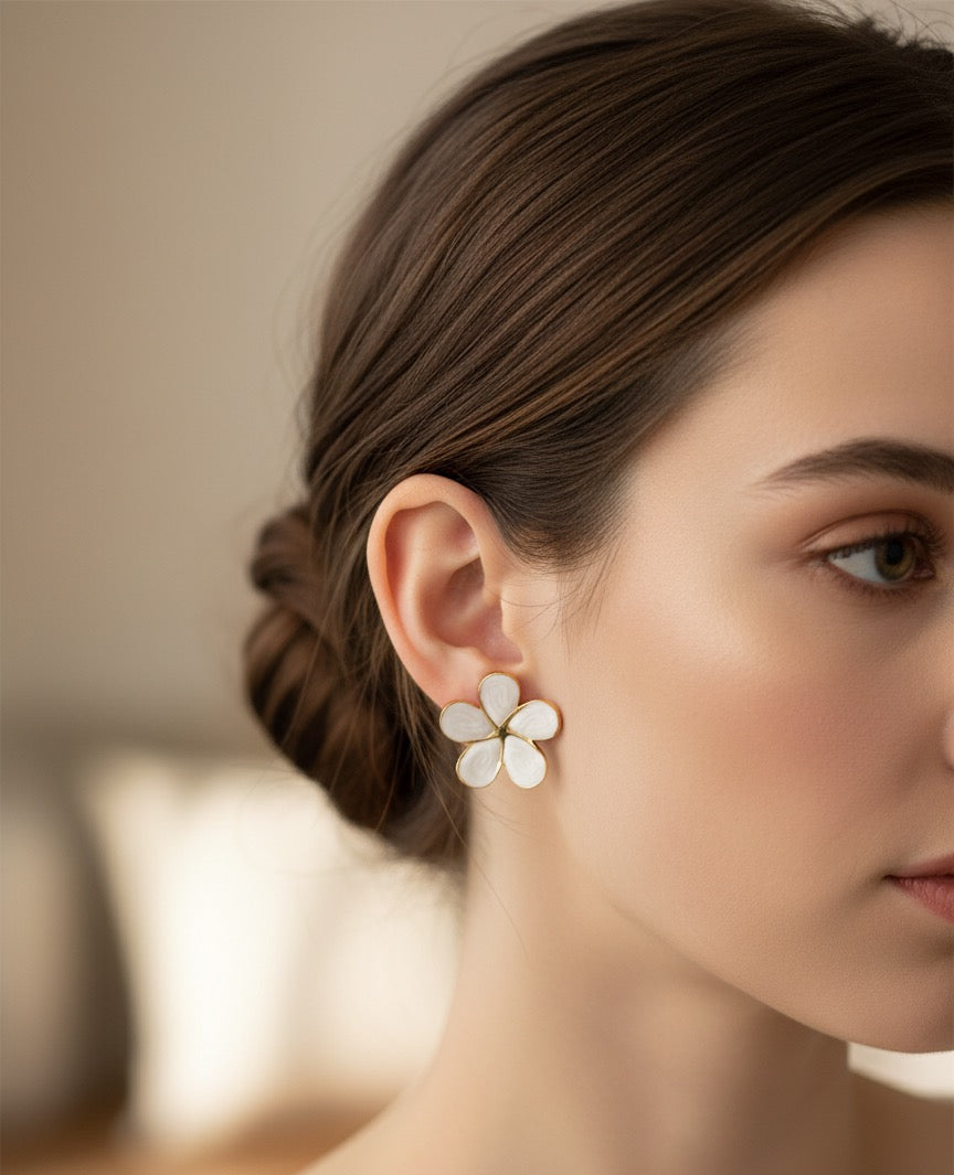 Pink Petal Enamel Flower Stud Earrings