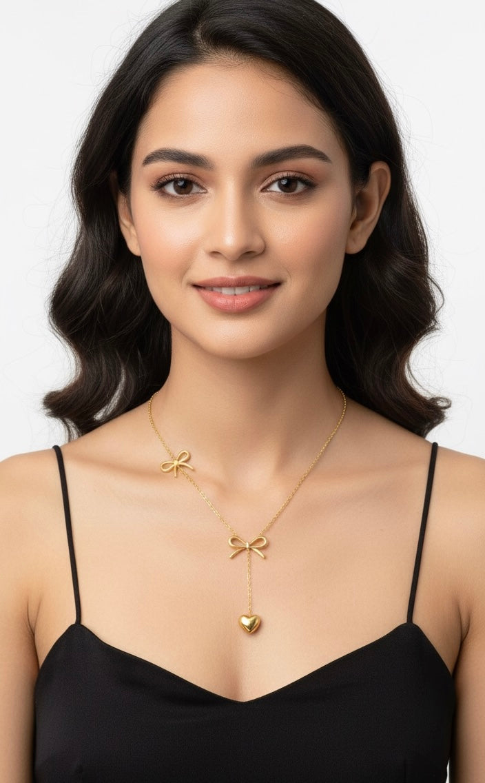 Golden Bow & Drop Heart Necklace