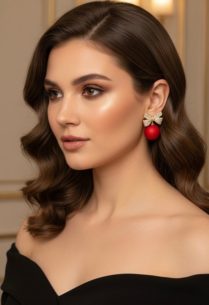 Dazzle Bow with Matte Red Drop Earrings