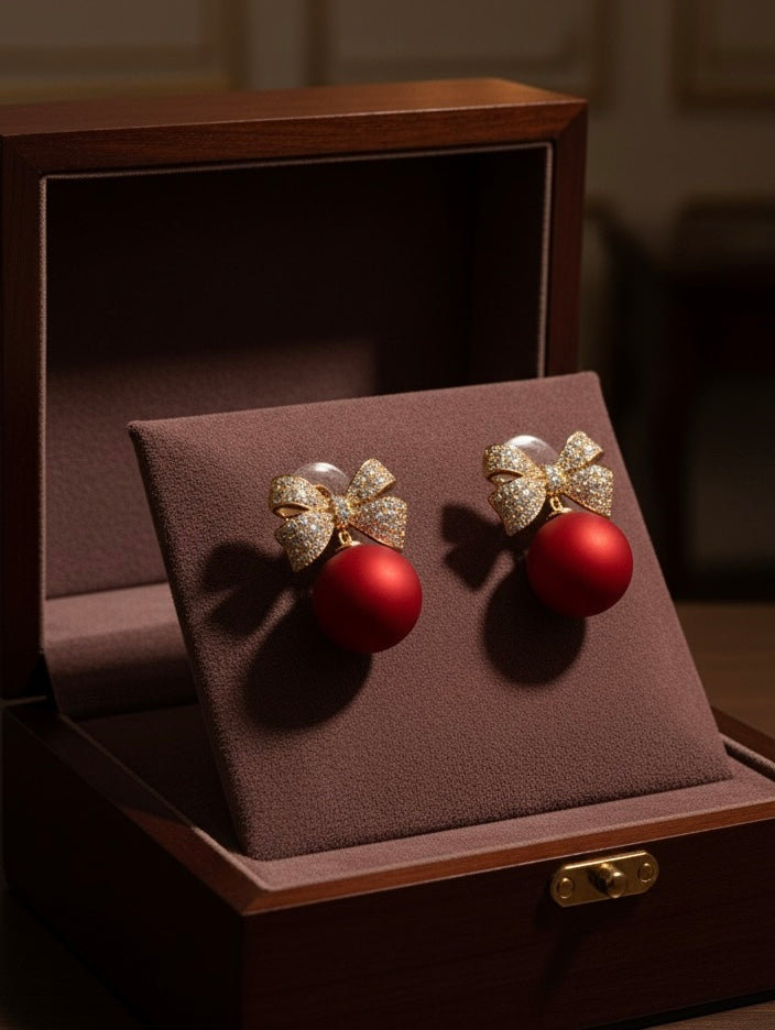 Dazzle Bow with Matte Red Drop Earrings