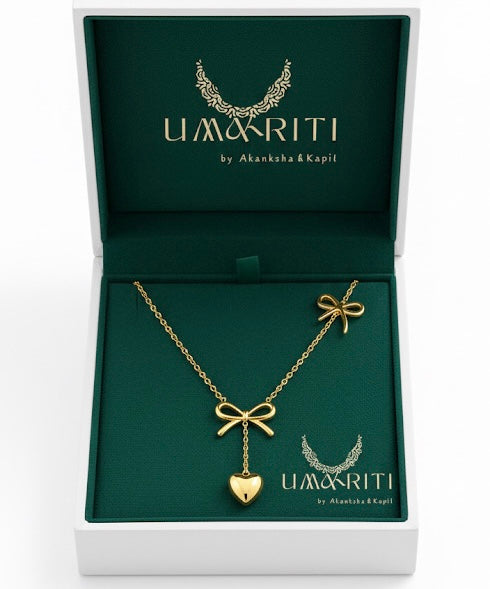 Golden Bow & Drop Heart Necklace