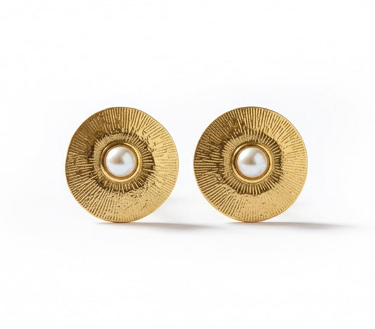 Textured Gold & Pearl Stud Earrings