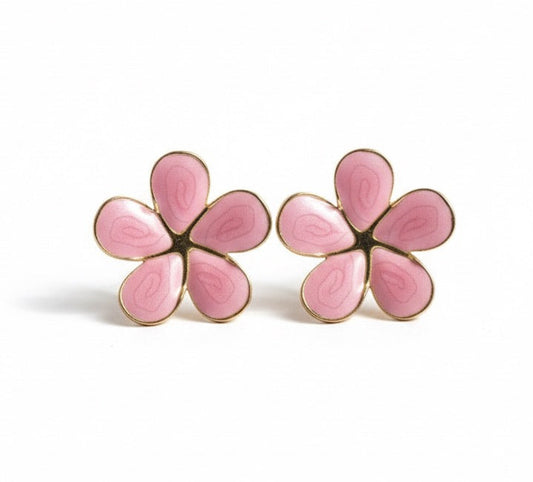Pink Petal Enamel Flower Stud Earrings