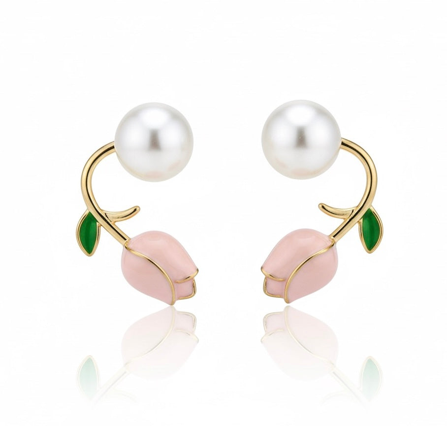 The Rose Bloom Ear Climber with Pearl Earrings