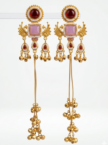 Kashmiri Mor Jhumki MaroonPink Earrings