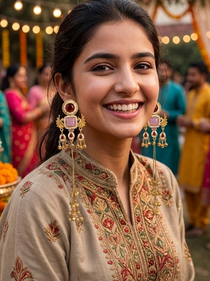 Kashmiri Mor Jhumki MaroonPink Earrings