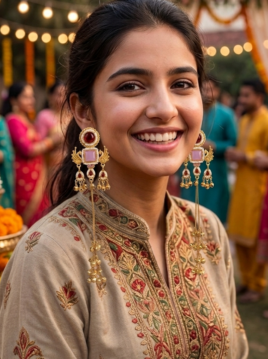 Kashmiri Mor Jhumki MaroonPink Earrings