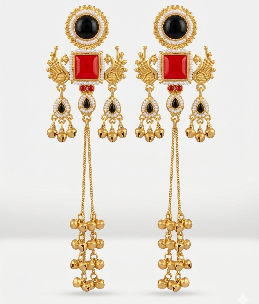 Kashmiri Mor Jhumki BlackRed Earrings