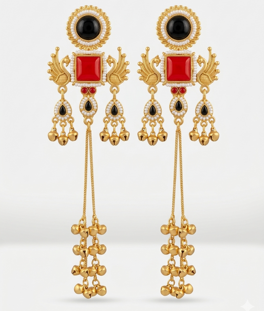 Kashmiri Mor Jhumki BlackRed Earrings