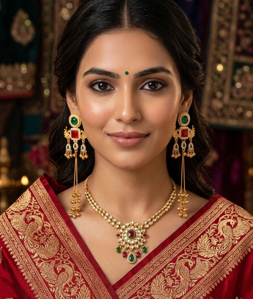 Kashmiri Mor Jhumki GreenRed Earrings