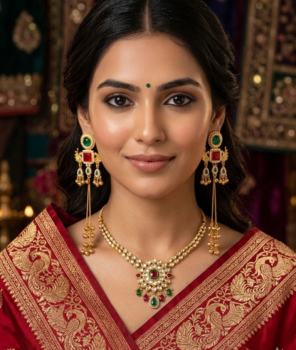 Kashmiri Mor Jhumki GreenRed Earrings