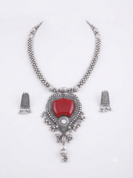 Umakriti Oxidized Silver Ruby Statement Necklace Set