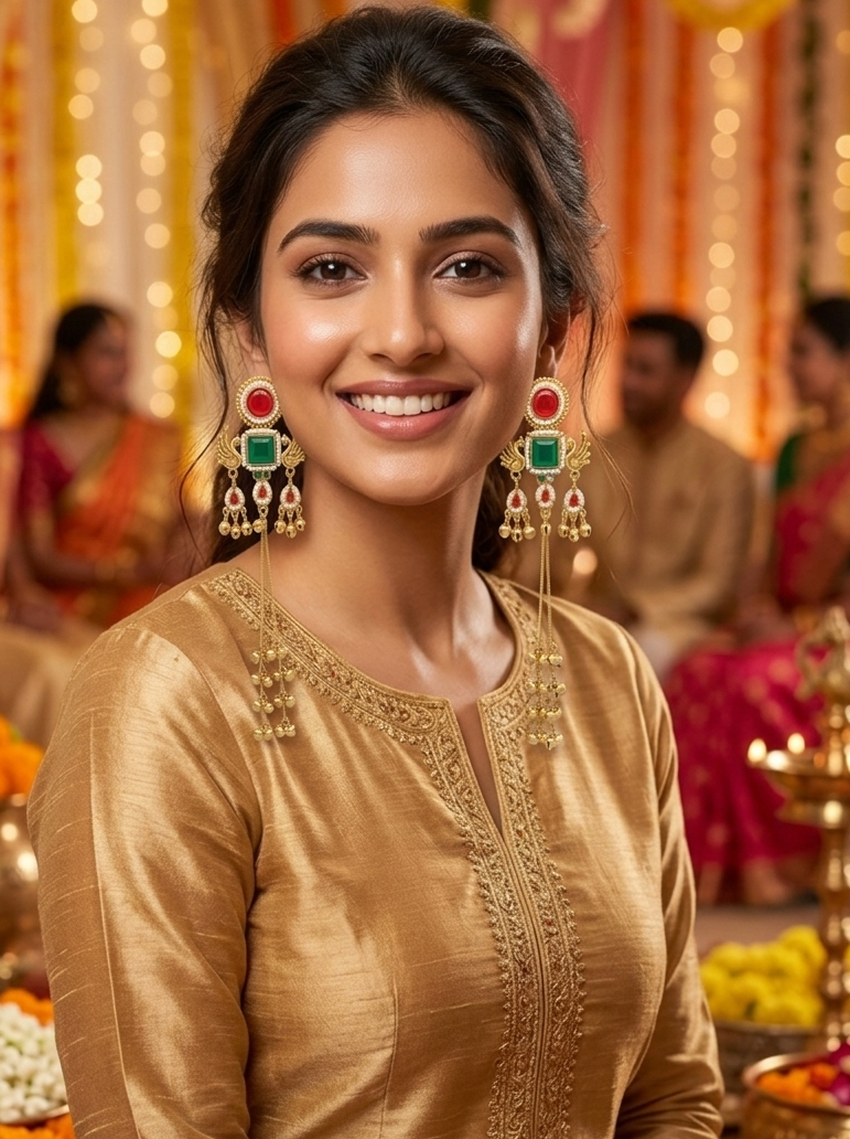 Kashmiri Mor Jhumki RedGreen Earrings