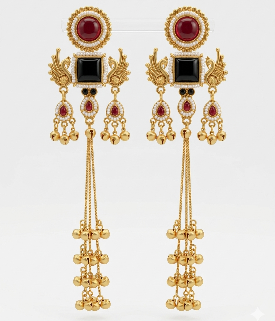 Kashmiri Mor Jhumki Redblack Earrings