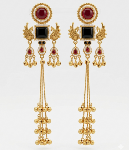 Kashmiri Mor Jhumki Redblack Earrings