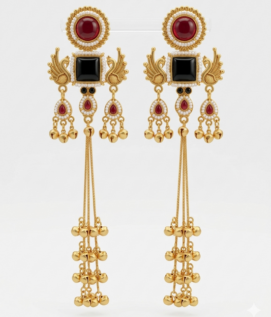 Kashmiri Mor Jhumki Redblack Earrings