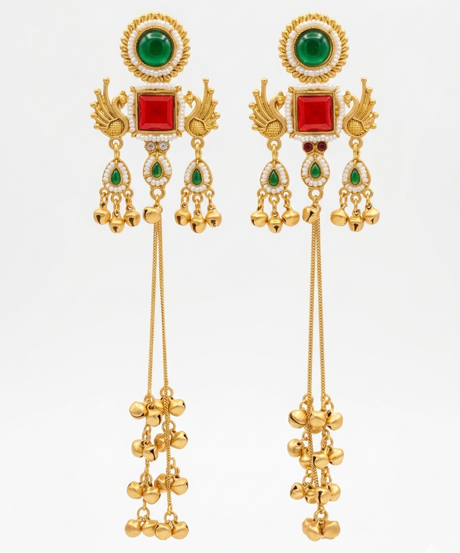 Kashmiri Mor Jhumki GreenRed Earrings