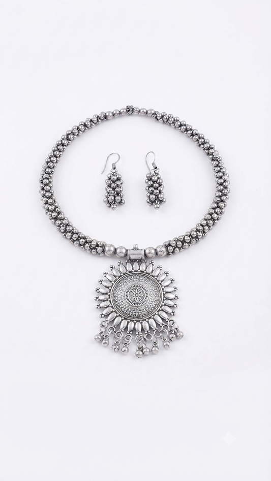 Umakriti Oxidized Silver Sunburst Pendant Necklace Set