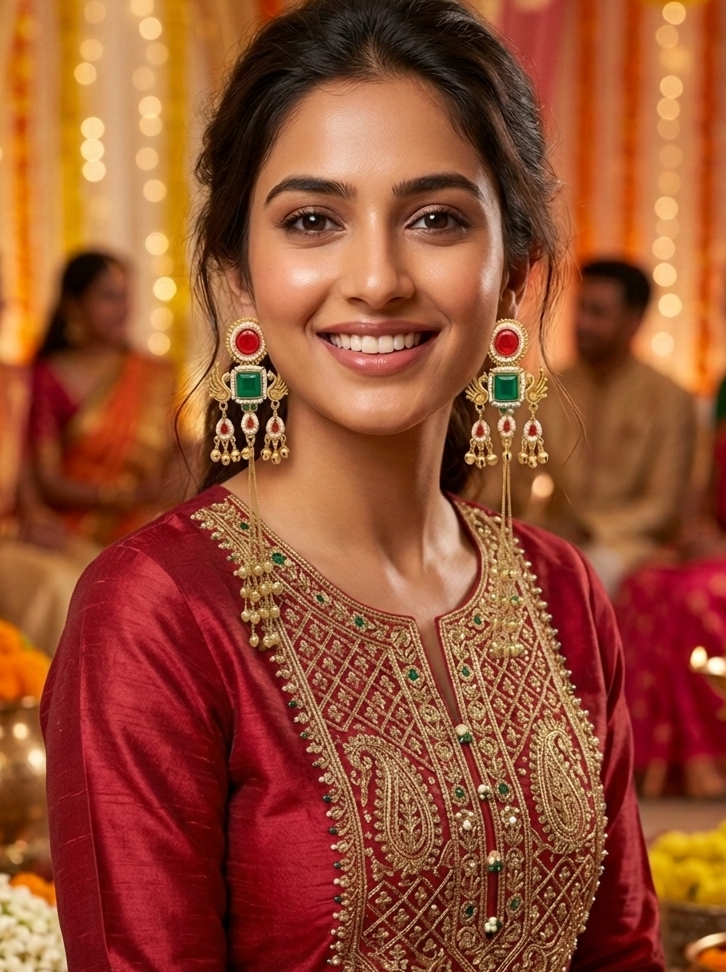 Kashmiri Mor Jhumki RedGreen Earrings