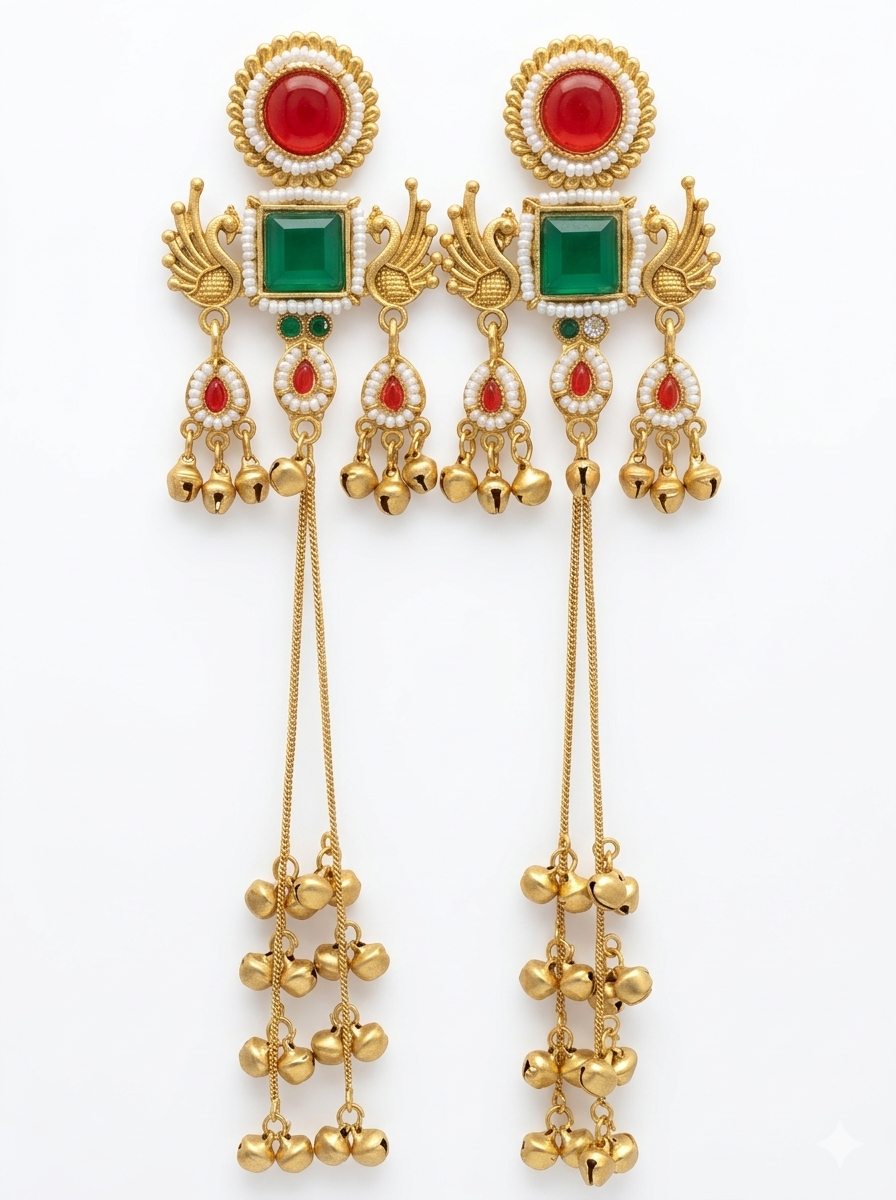 Kashmiri Mor Jhumki RedGreen Earrings