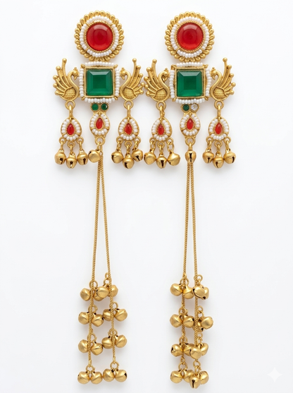 Kashmiri Mor Jhumki RedGreen Earrings
