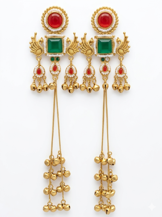 Kashmiri Mor Jhumki RedGreen Earrings