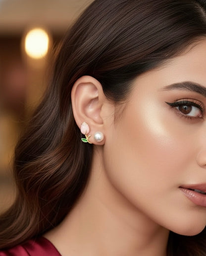 The Rose Bloom Ear Climber with Pearl Earrings