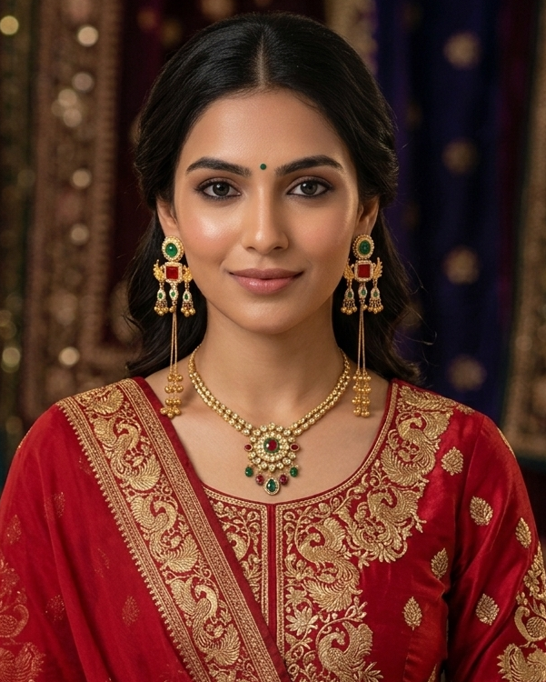 Kashmiri Mor Jhumki GreenRed Earrings