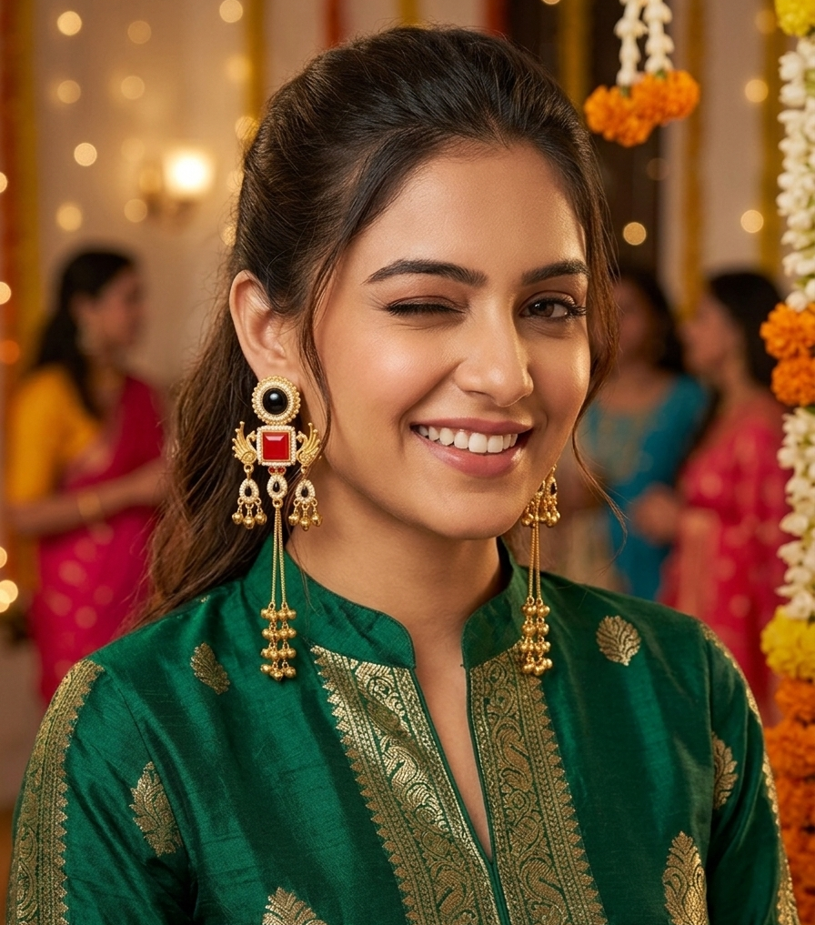 Kashmiri Mor Jhumki BlackRed Earrings