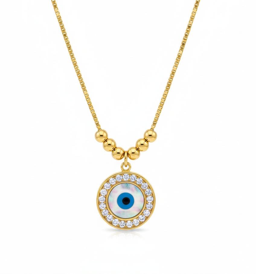 The Radiant Guardian: Mother-of-Pearl Evil Eye Pendant