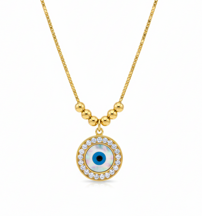 The Radiant Guardian: Mother-of-Pearl Evil Eye Pendant