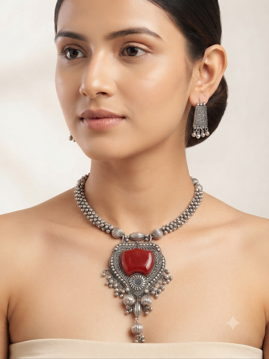 Umakriti Oxidized Silver Ruby Statement Necklace Set