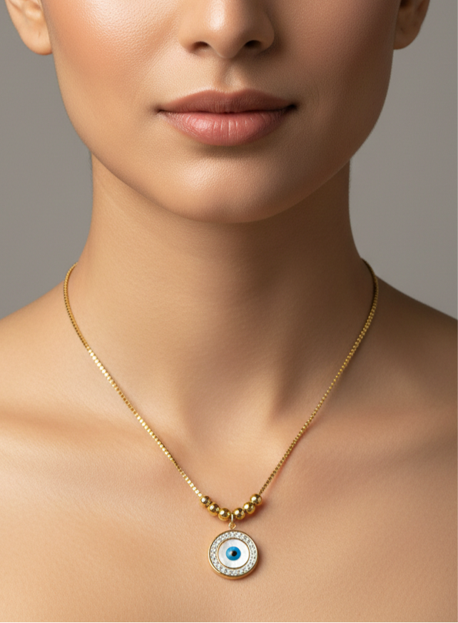 The Radiant Guardian: Mother-of-Pearl Evil Eye Pendant