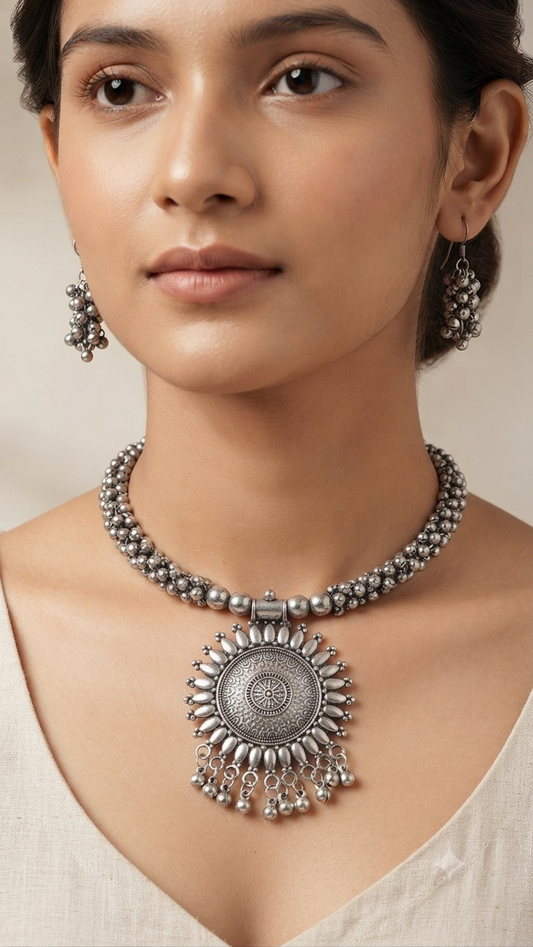 Umakriti Oxidized Silver Sunburst Pendant Necklace Set