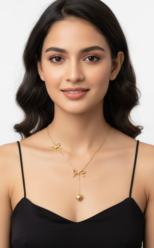 Golden Bow & Drop Heart Necklace