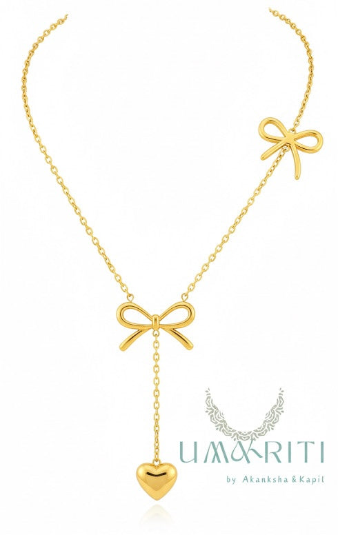 Golden Bow & Drop Heart Necklace