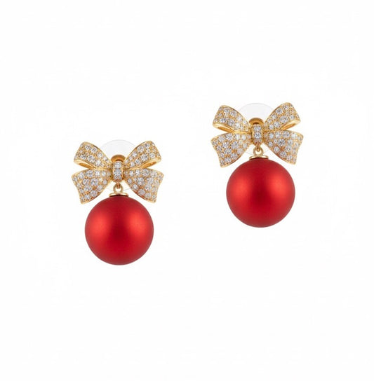 Dazzle Bow with Matte Red Drop Earrings