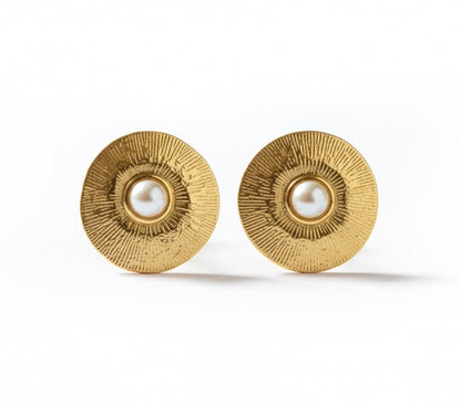 Textured Gold & Pearl Stud Earrings